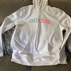 Adidas white sweatshirt. ClimawRm. With colored lettering on the front